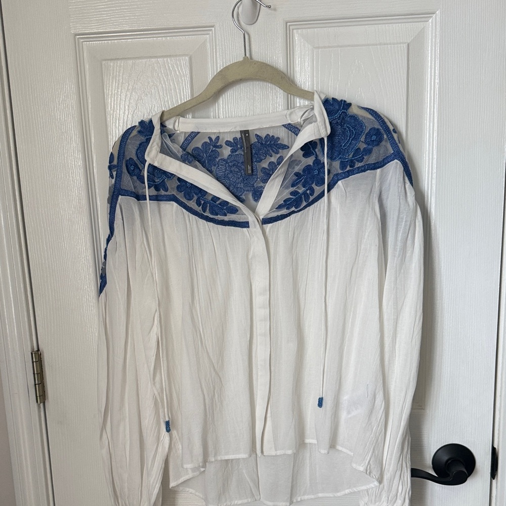 Anthropologie Ivory Blouse with Navy Floral Detail
